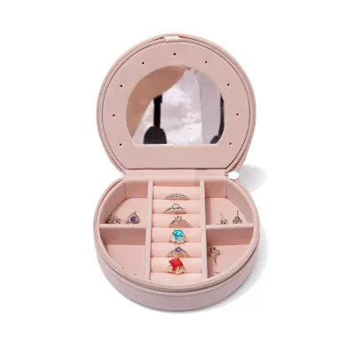 Multi-Functional Velvet Jewelry Storage Box with Mirror Round Mini Vintage Anti-Oxidation Case for Earrings Rings with Zipper