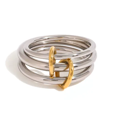 3Pcs/set Waterproof 18k Gold Plated Stainless Steel Gold-Silver Interlocking 3-Ring Statement Ring Size 8