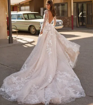 Long Sleeve Muslim Wedding Dresses Sexy Bridal Dress Costom Wedding Gowns Brand  Vestido De Novio Lace Wedding Dress