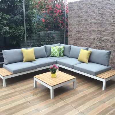 High Quality New Design Aluminum Outdoor Furniture Teak Sofa Set with Coffee Table Garden Lounge Aluminum Sofa Sets