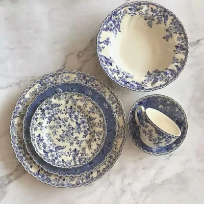 Vintage Plant Blue-and-White Ceramic Plate Chinese-Western Style Tray Microwave Safe Steak Dessert Snack Dinner Plate Wholesale