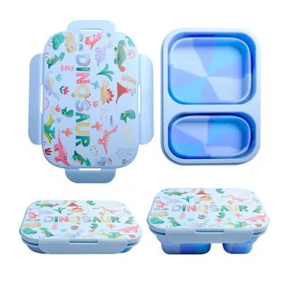 Collapsible silicone bento box lunch box with plastic lids for school kids