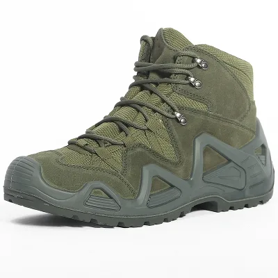 Mid Cut Green Outdoor Working Boots Oxford Fabric Cow Suede Upper Lace up Non Slip Rubber Outsole for Field Training Outdoor Use