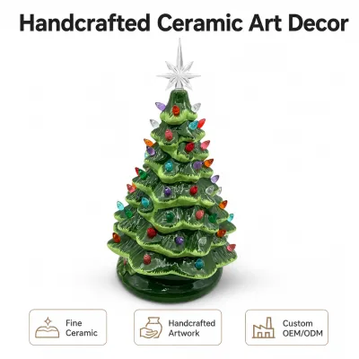 Wholesale Custom Vintage Green Ceramic Christmas Tree with Colorful Lights Star Topper Retro Tabletop Holiday Decor