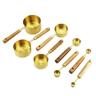 New Design Kitchen Stainless Steel Gold  Measuring Spoons Cups Tool Set With Wood Handle