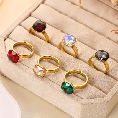 Dainty Sweet Muti- Color Stainless Steel Gold Filled Ring Fashion Square Zirconia Candy Color Titanium Steel Emerald Ring