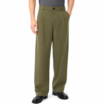 Custom Mens Wide Leg Trousers Cotton Twill Loose Fit Pleated Casual Pants Straight Leg Woven Bottoms OEM ODM Wholesale
