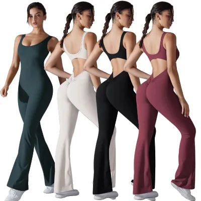 Slim Sleeveless Flared Full-Length Breathable Quick Dry Seamless Spandex/Nylon Workout Women's Gym Sportswear