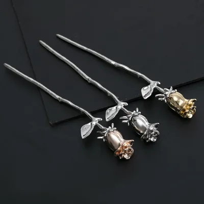 Retro metal flower rose hairpin, light luxury, high-end, niche design, gentle hair accessories, headwear, hairpin