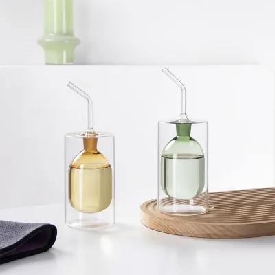 High Borosilicate 250ml Double Wall Leak-Proof Dishwasher Safe Luxury Handcrafted Glass Oil & Vinegar Bottle with Lid