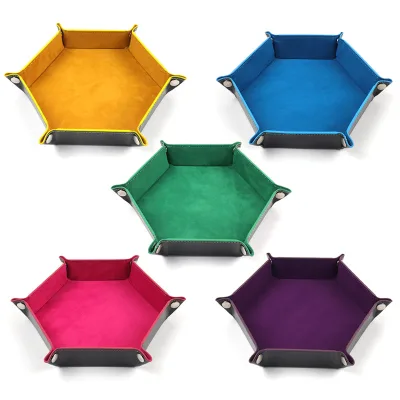 Rolling Tray Metal Dice Holder Storage Box for RPG DND Table Games Pentagonal PU Leather and Velvet