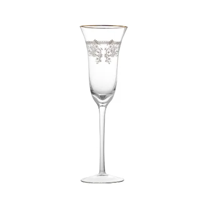 Crystal Champagne Flute with Gold Rim & Silver Engraving, Ideal for Toasts. Perfect for Weddings, Celebrations, Adding Elegance.