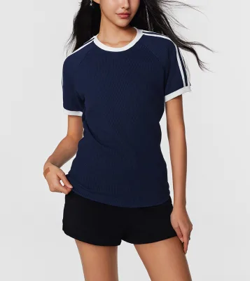 Custom Logo Classic Knit Stripe Slim Skinny Short Sleeve Street T-Shirt