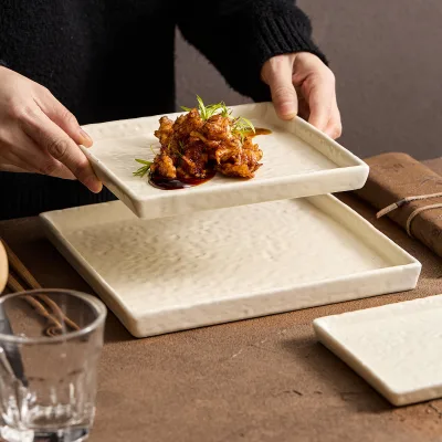 White Ceramic Hammered Square Flat Plate Microwave Safe Durable Modern Minimalist Commercial Western Food Plate for Cold Dishes