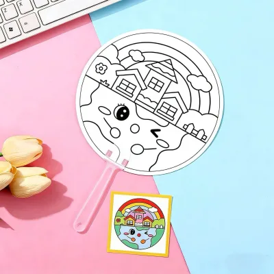 Kids DIY Coloring Fan Activity Pack Blank Line Drawing Paper Craft Toy Set for Classroom Art Class Party Favor