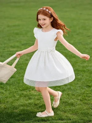 Wholesale Little Girls Satin Formal Dress, Flutter Sleeve Sash Bow Sparkling Dot Tulle Birthday Party Outfit