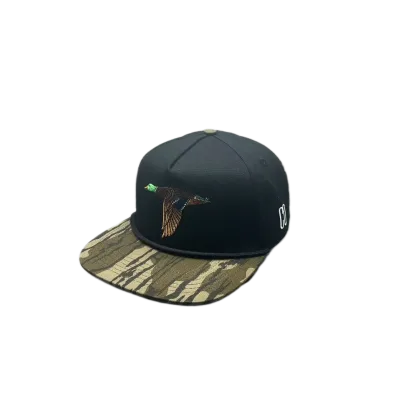 Factory price OEM high quality 5 panels hunting hat snapback rope hat with camo bill and duck logo embroidery