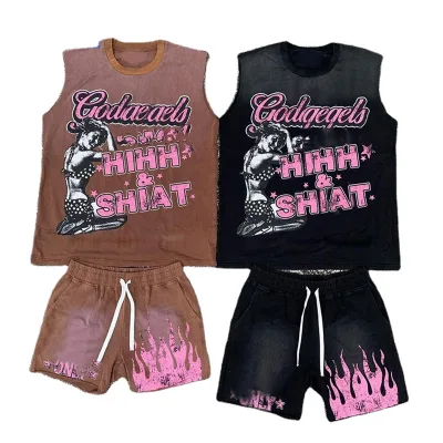 YSJY Custom New Design Acid Wash Two Piece Shorts and Shirt Set for Men Summer Men Vintage Shirt and Shorts Set