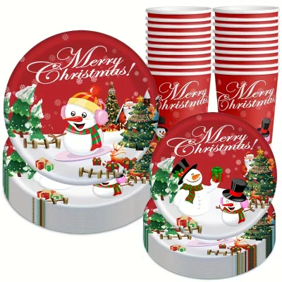 Festive Christmas Party Tableware Set - 9" & 7" Snowman Themed Paper Plates and Cups with "Merry Christmas" Design Food-Safe
