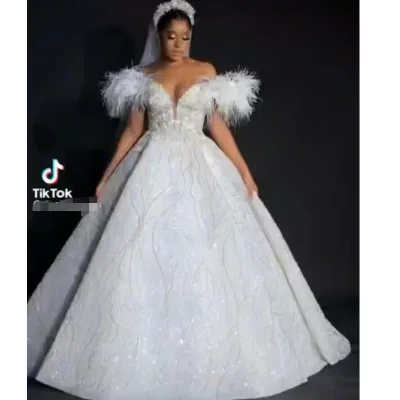 2024 Africa Luxury Off Shoulder Sequined Beaded Lace With Feather Sleeve Wedding Dress A-line Garden Simple Style Bridal Gowns