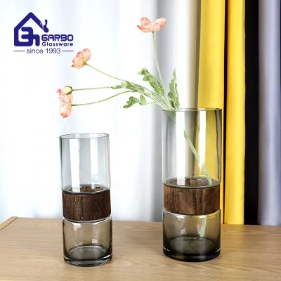 Wedding Center Decorative Luxury Handmade Cylinder Custom Wooden Base Grey Round Pink Colored Glass Vases for Home Decoration