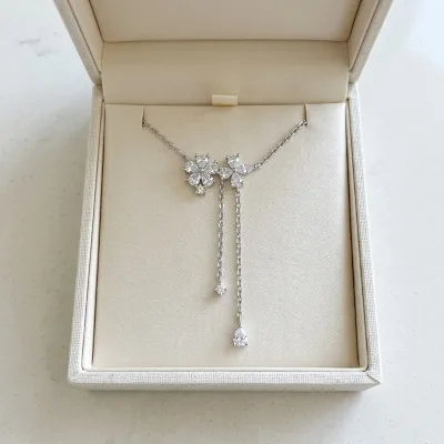 Women 925 Sterling Silver Moissanite Floral Necklace Luxury Bridal Double Flower Drop Tassel Chain Adjustable Y Lariat Necklace
