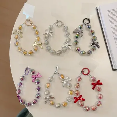 Electroplating Colorful Star Beaded Mobile Phone Chain Small Bow Anti-lost Short Lanyard for iPhone Case