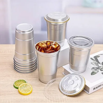 500ml Food Grade Aluminum Drink Cup with Aluminum Lid Lightweight Reusable Cup for Coffee Tea