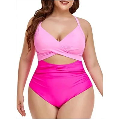 New Plus Size Women One-piece Tank Swimwear Spandex/Nylon High Floral Print Waist Wrap Tie Back Sexy Custom Adults