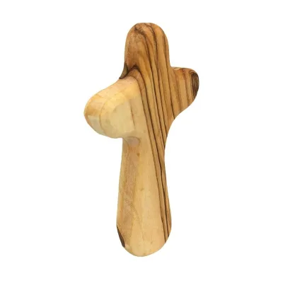 Handheld Portable Prayer Cross Small Olive Wood Pine Religious Style Carved Christian Gift with Wall Painting for Clutching