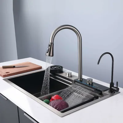Modern High Quality Stainless Steel Single Bowl One Hole Multifunction Waterfall Nano Kitchen Sink with Pull Down Sprayer Faucet