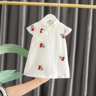 Girls' Summer Cherry Dress New Fashionable Baby Princess Dress Sweet Style Embroidery Trendy Short Sleeve Plain Dyed