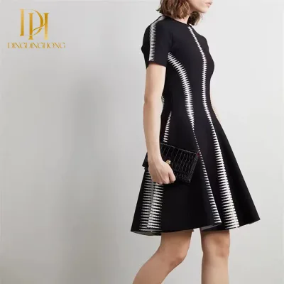 Fashionable Jacquard Sweater Collar High Elasticity Short Sleeved Slim Fit Empire Waistline Summer Chiffon Dress Evening Gown