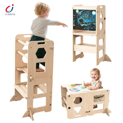 Chengji Montessori Learning Tower Kitchen Helper Stool Kids 3in1 Foldable Baby Step Stools Wooden Baby Learning Tower