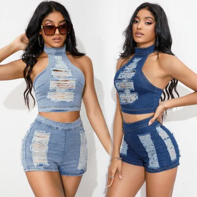 Y0426  New Elastic and Sexy Perforated Strapless Denim Top, Denim Shorts, Denim Suit