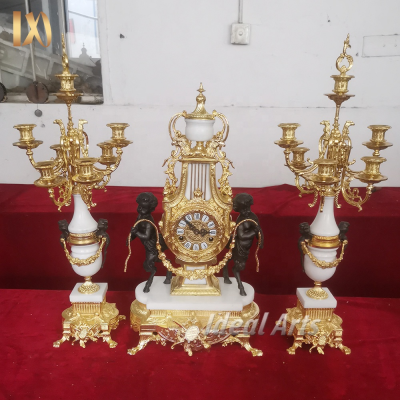 Antique Luxury Classic Home Decoration Brass Angel Table Clock and Candlestick