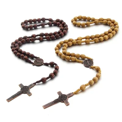 Religious Jewelry Cross Rosary Necklace Rosary Virgin Mary Center Wood Bead Cross Prayer Crucifix Pendant Necklace for Women Men