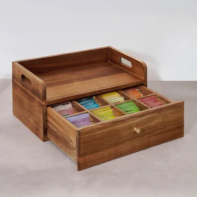wooden japanese tea box 8 Compartments divided wood tea box with Drawer Acacia wooden white tea box