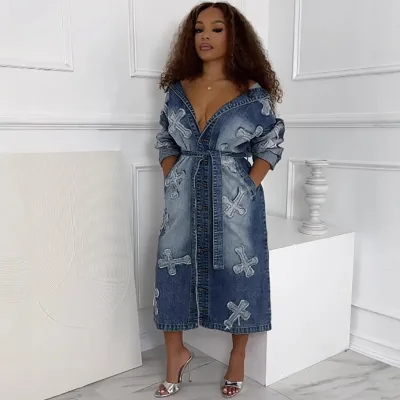 Lady's Loose Embroidered Washed Denim Coat with Belt for Autumn and Winter Casual Street Fashion Vintage Style