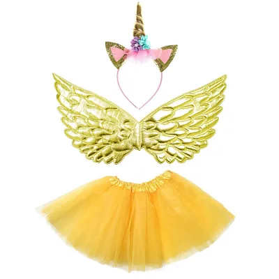 Kids Cosplay Set of 3 Pcs Holiday Fairy Costume Yellow Hairbands Wings Wands 3 Layers Tutu Skirts Kids Party Dress up Cloth