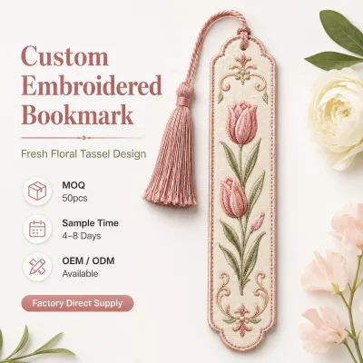 Custom Embroidered Tulip Bookmark with Tassel Personalized Floral Fabric High Quality Reusable OEM ODM Wholesale Gift Supplier