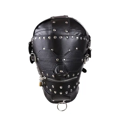 Black Full Head Bondage Hoalloween Masquerade Face Cover Hood with Zipper Headgear