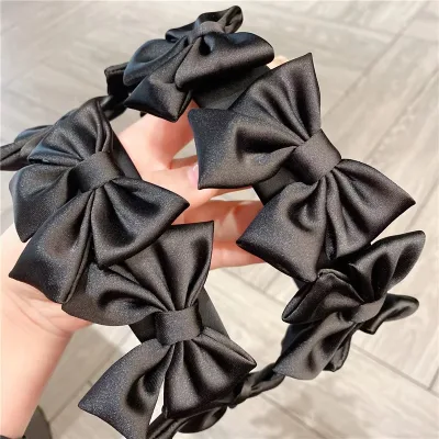 High Quality Black Satin Fabric Bow Headband Age-Reducing Headdress with Multiple Bows for Girls