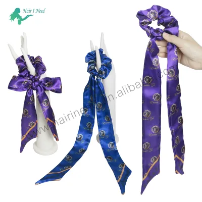 Wholesale High Quality Custom logo Hair Tie Sweet Big Bow Solid Color Satin Scrunchies Long Tail for Girls
