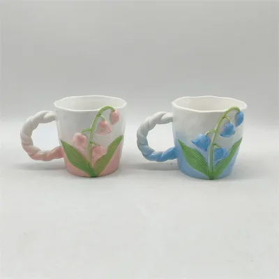 Coffee mug , 3D embossed Flower Design Coffee Mug , 250 ml handmade Ceramic Pottery Mug Best gift for Mom