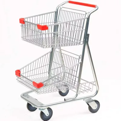 Double Decker Steel Structure Shopping Cart Mesh Design Indoor Supermarket Trolley