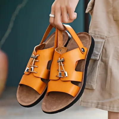 Summer Italian Handmade Leather Sandals Super Fiber slippers Wear Resistant Non-slip Soles Outdoor Casual Beach Shoes for Men