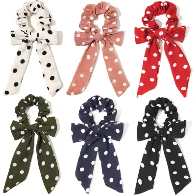 Custom Printing Women Elastic Hair Ribbon Scrunchies Bow Polk Dot Hair Tie