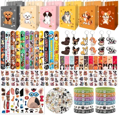 Pet Dogs Birthday Party Paw Silicone Bracelets Slap Wristbands Key Chains Bookmarks Stickers Toy Gift Paper Bag Filler Favor Kit