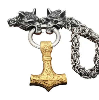 Heavy Handmade Stainless Steel Wolf Head Necklace With Thor's Hammer Nordic Pendant Norse Viking King Chain Amulet